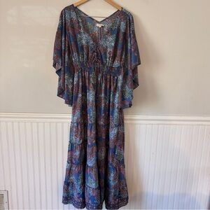 Boemo Anthropologie Tiered Maxi Dress in Blue Paisley Bohemian Size L